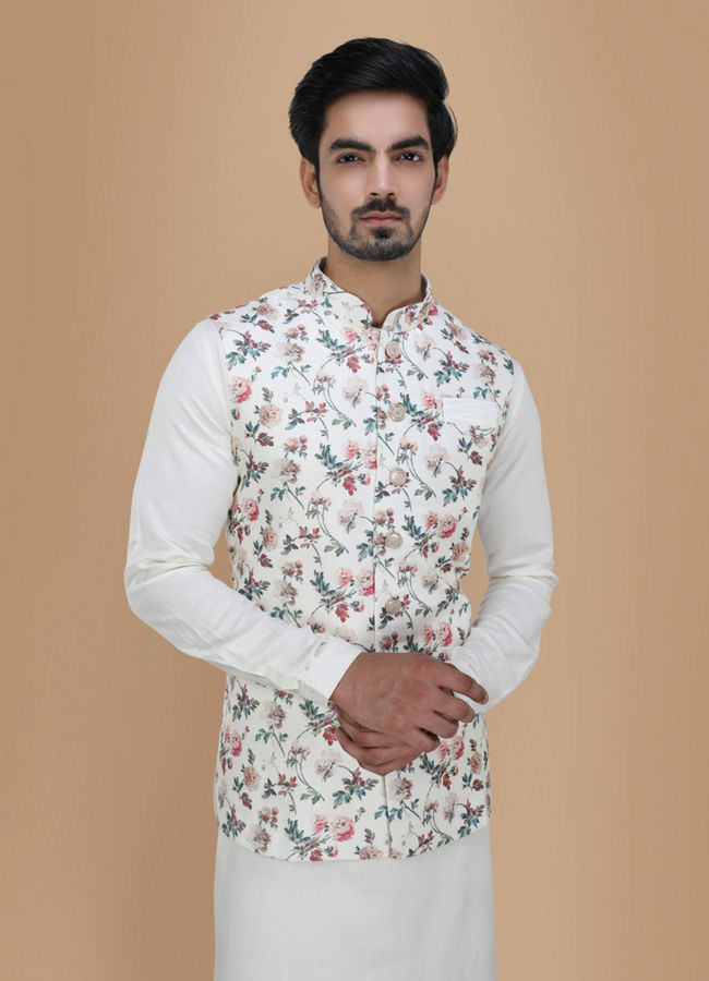 Light Cream Floral Print Kurta Jacket Set image number 0